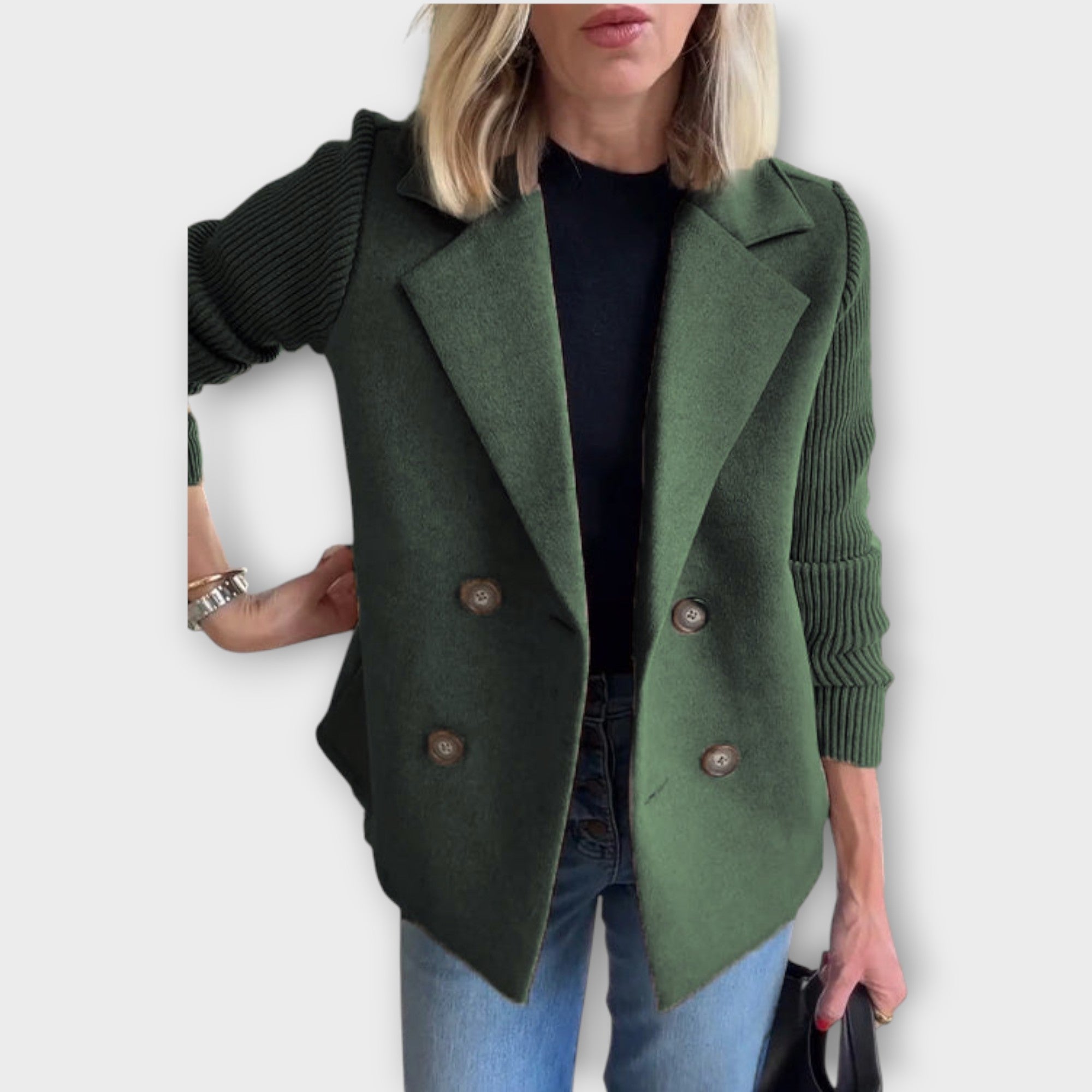 Blazer cu Mâneci Tricotate și Dublu Rând