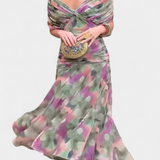 Rochie Lungă Florală cu Decolteu în V și Eleganță Romantica