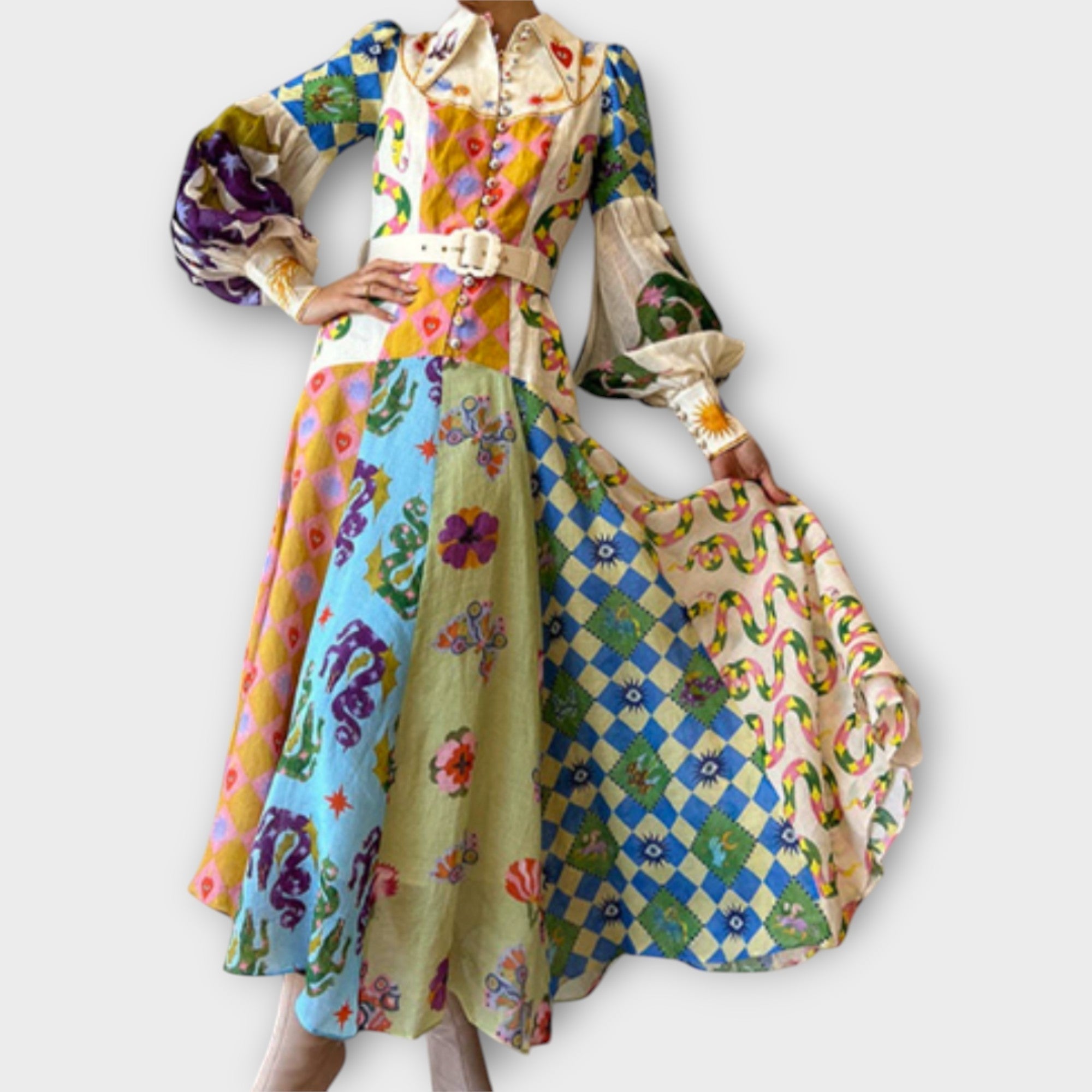 Rochie Maxi cu Curea și Mâneci Puff