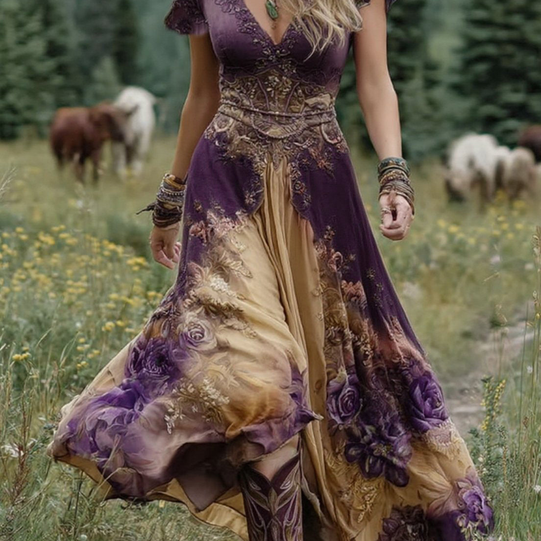 Serena™ | Rochie Maxi Scurtă Florală Lavandă cu O Notă Sofisticată