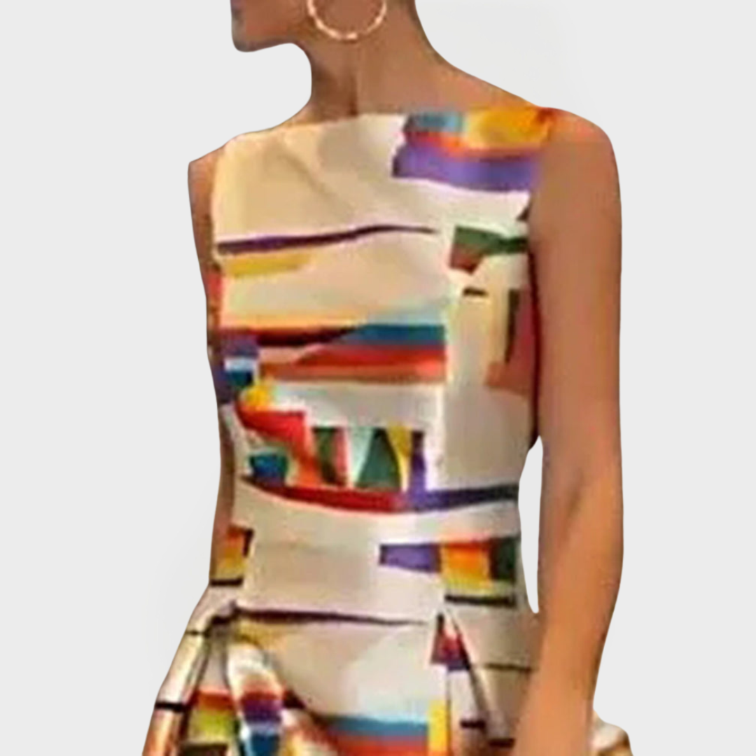 Rochie Lungă cu Tipare Geometrice și Croială Modernă