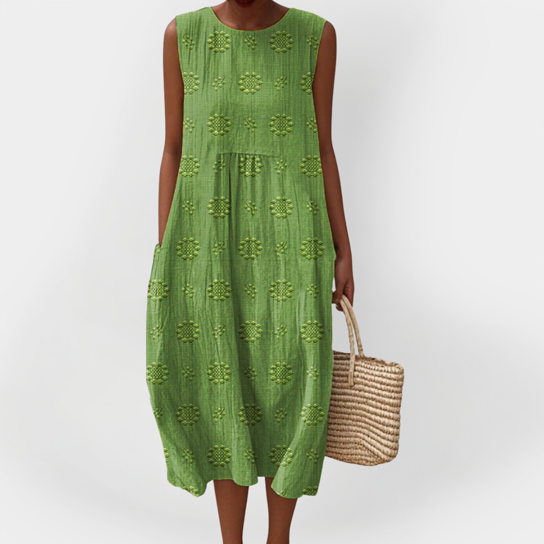 Rochie Elegantă din Bumbac fără Mâneci cu Buzunare