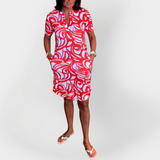 Rochie Midi cu Model și Mâneci Scurte