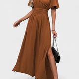 Eterna | Rochie Maxi Elegantă Neagră cu Decolteu în V, Mâneci Fluide și Fendă