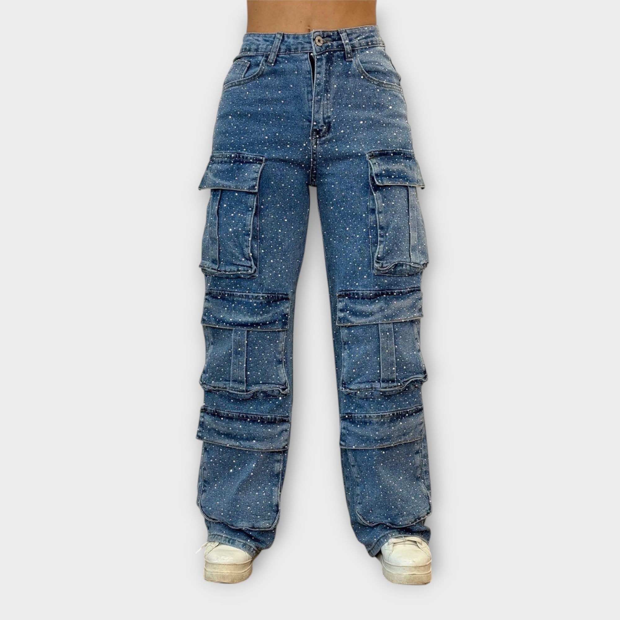 Jeans Cargo cu Strass