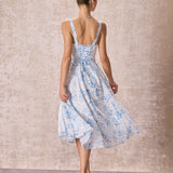 Renata | O Rochie Midi Albastră cu Imprimeu Floral, Decolteu Pătrat și Franzit"