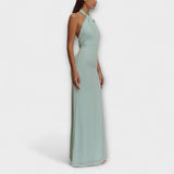 Rochie Lungă cu Cravată la Gât și Textură Satinată