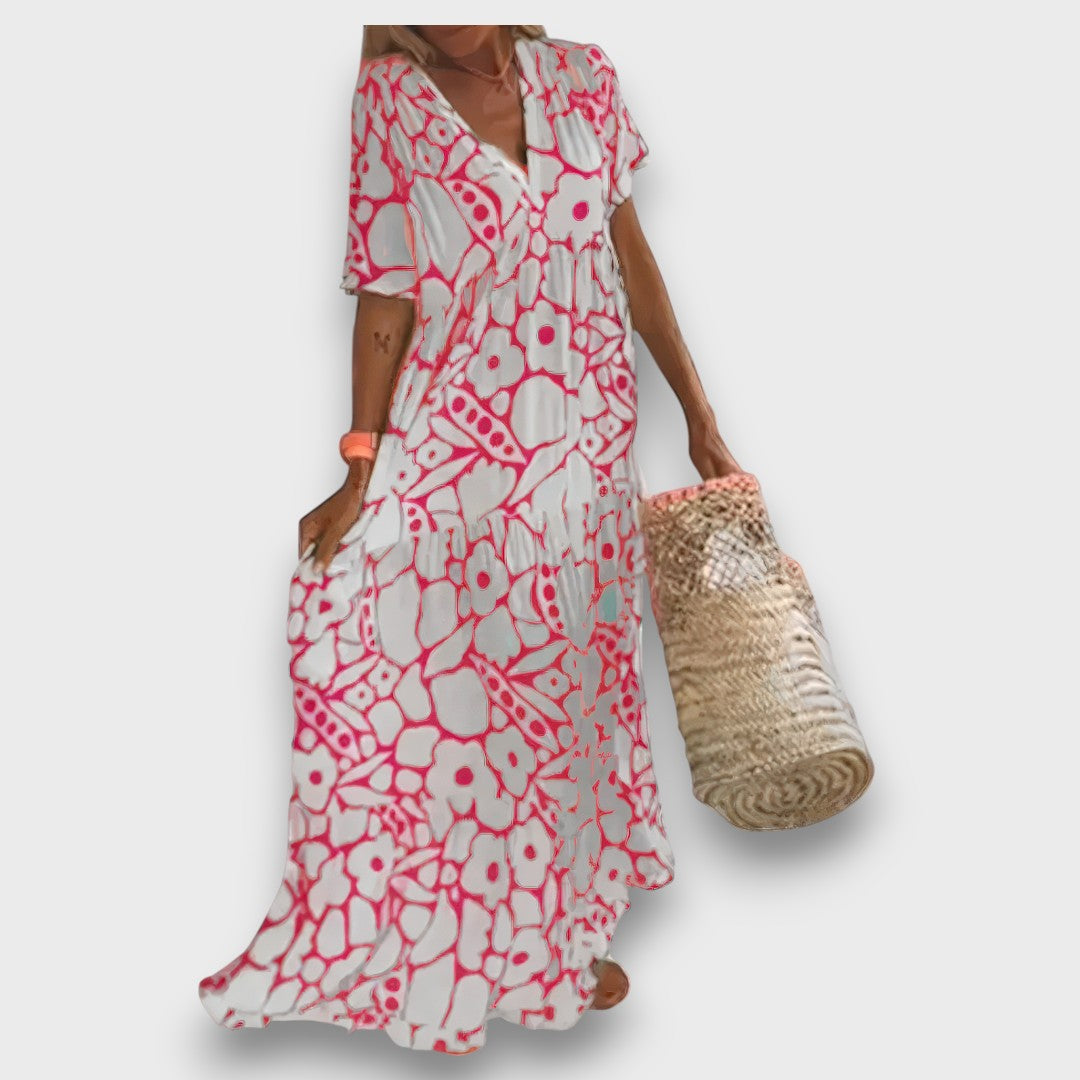 Rochie lungă cu model floral și nasturi