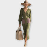 Rochie Maxi cu Fermuar și Buzunare Contrastante