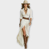 Rochie Maxi cu Butoni și Eleganță Western