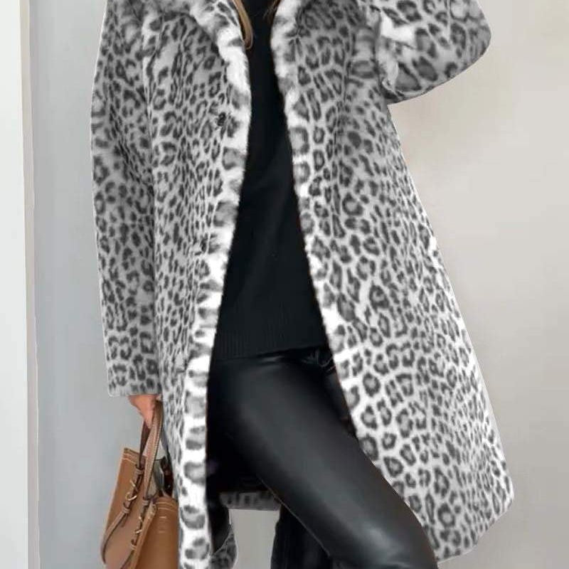 LEIA - Palton Lung și Moale cu Model Leopar