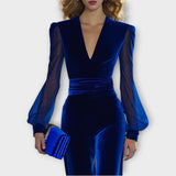 Salopetă din catifea cu picioare largi și mâneci transparente