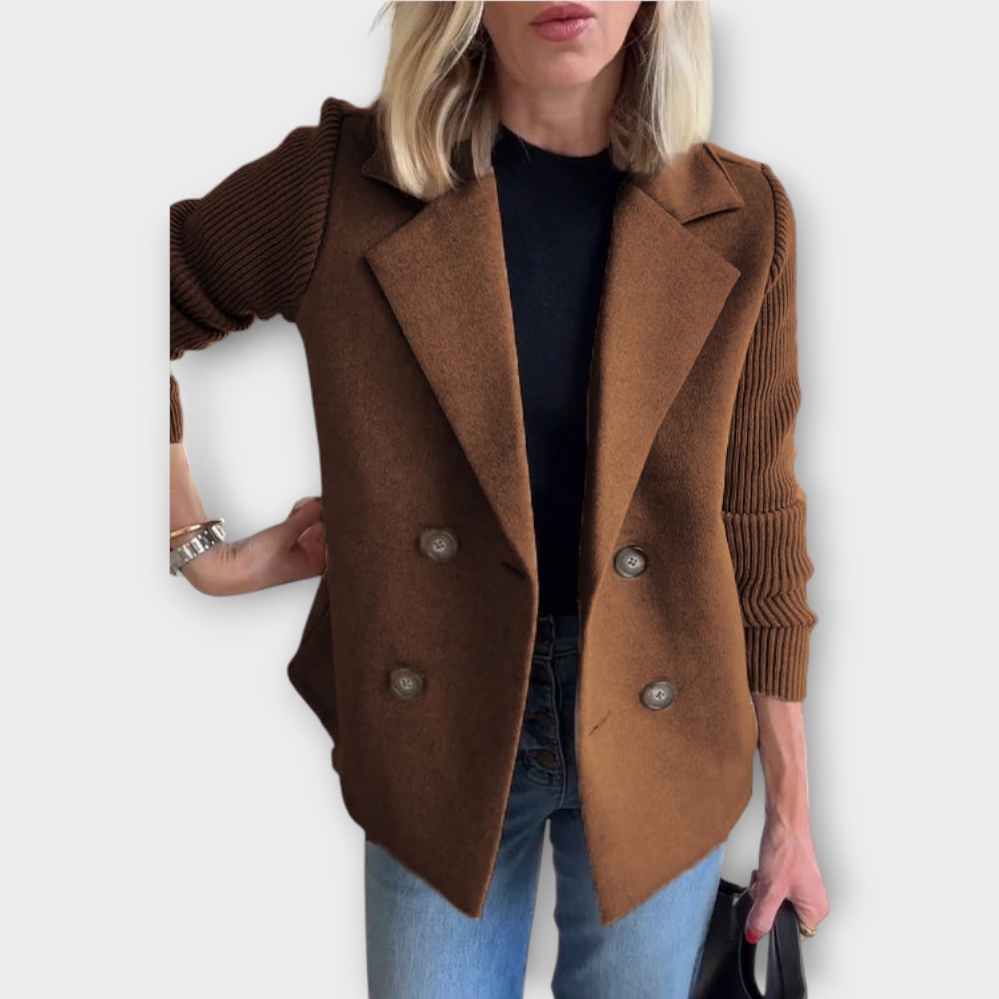 Blazer cu Mâneci Tricotate și Dublu Rând