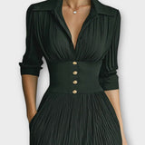 Rochie maxi elegantă cu pliuri, guler și mâneci lungi