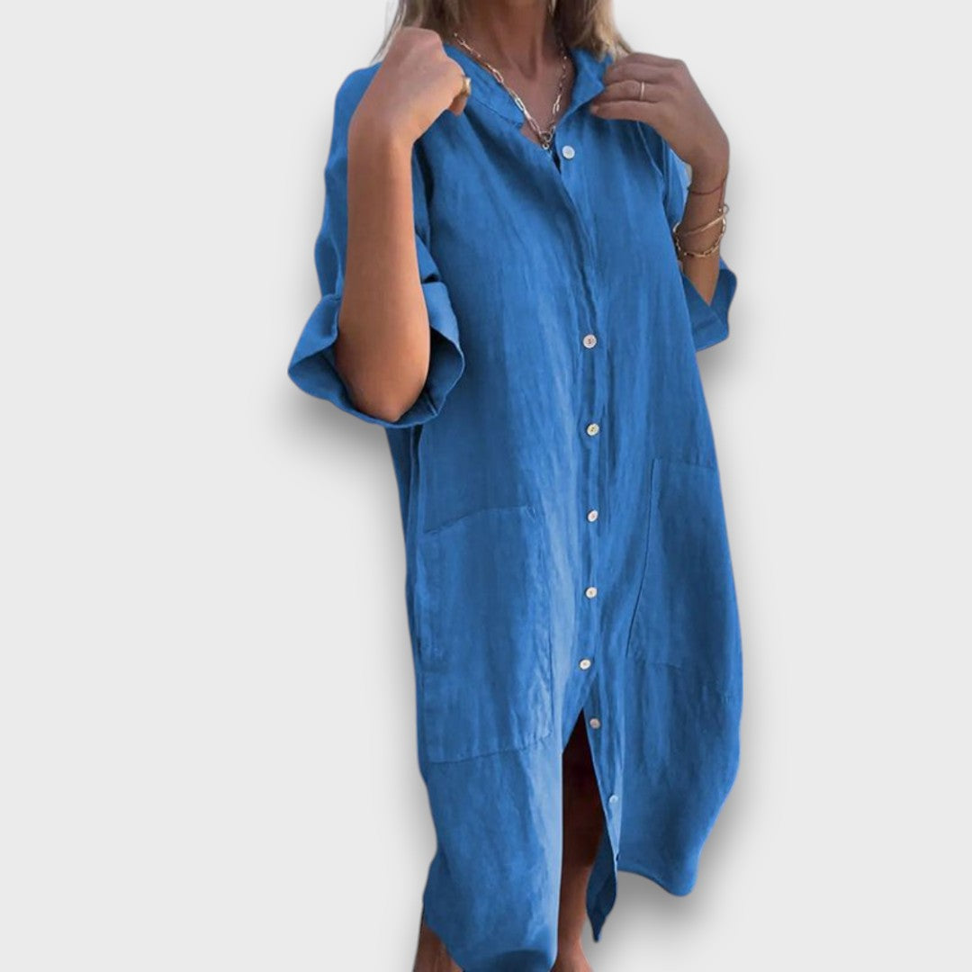 Rochie din in cu butoane și buzunare