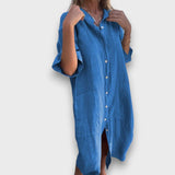 Rochie din in cu butoane și buzunare