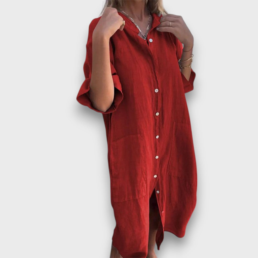 Rochie din in cu butoane și buzunare