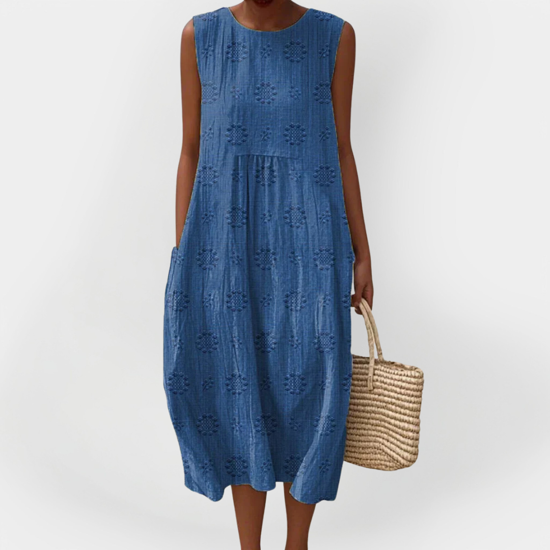 Rochie Elegantă din Bumbac fără Mâneci cu Buzunare