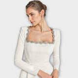 Rochie Mini cu Decolteu Patrat Ornamentată cu Cristale