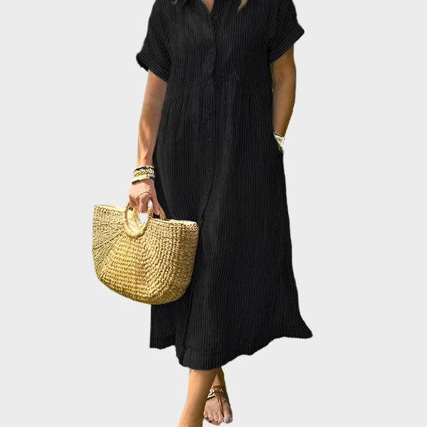 Rochie Camasa Rayata cu Fante, Nasturi si Buzunare Functionale