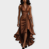 Rochie Satinată cu Spate Decupat și Curea Drapată