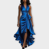 Rochie Satinată cu Spate Decupat și Curea Drapată