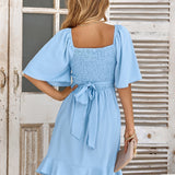 Claire | Rochie Midi Albăstrie de Vară cu Curea Împăturită