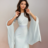Isabela | Rochie Lungă din Satin Modest cu Mâneci Deschise