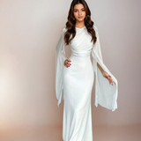 Isabela | Rochie Lungă din Satin Modest cu Mâneci Deschise
