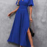 Eterna | Rochie Maxi Elegantă Neagră cu Decolteu în V, Mâneci Fluide și Fendă