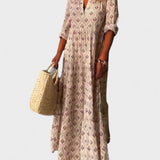 Eduarda | Rochie Lungă Vintage cu Decolteu în V și Imprimare Delicată