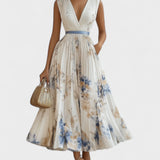 Jessie | Rochie Elegantă de Ceremonie Florală în Albastru și Alb