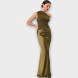 Rochie Maxi din Satin Amber cu Un Umăr