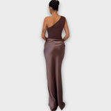 Rochie Maxi din Satin Amber cu Un Umăr