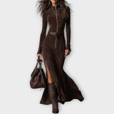 Rochie Maxi Vintage Maro cu Fermuar și Curea