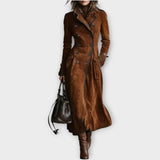 Palton lung din suede vintage, cu două rânduri de nasturi