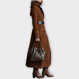 Palton lung din suede vintage, cu două rânduri de nasturi