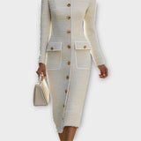 Rochie Midi din Tweed cu Butoane Elegante