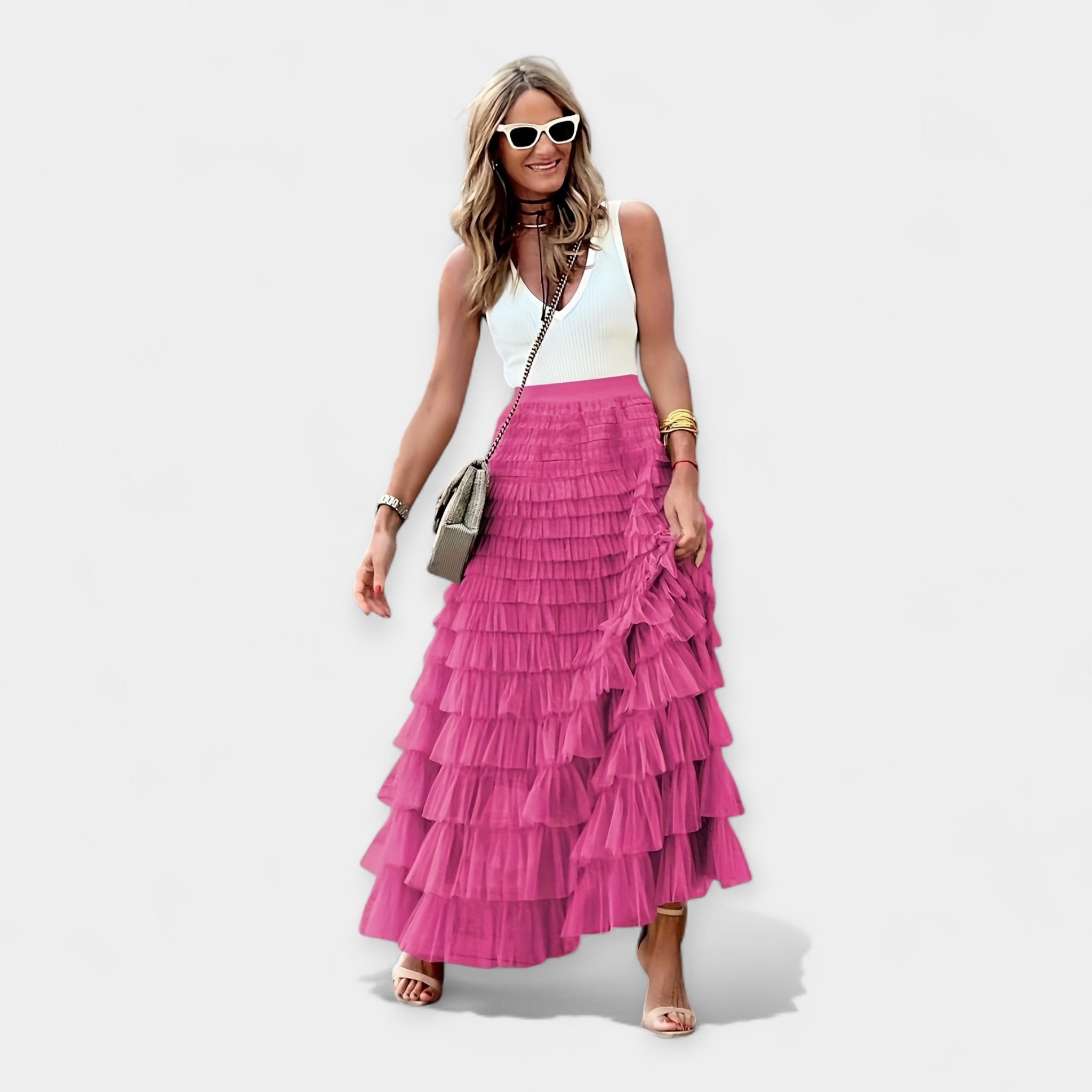 Fusta Boho cu Finisaj din Satin de Plasă Deschisă