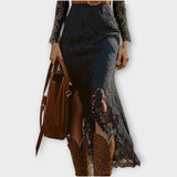 Rochie Midi Vintage Boemă cu Dantelă și Mâneci Lungi