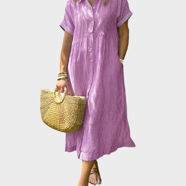 Rochie Camasa Rayata cu Fante, Nasturi si Buzunare Functionale