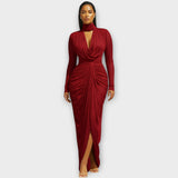 Rochie de seară elegantă cu guler înalt și drapaj