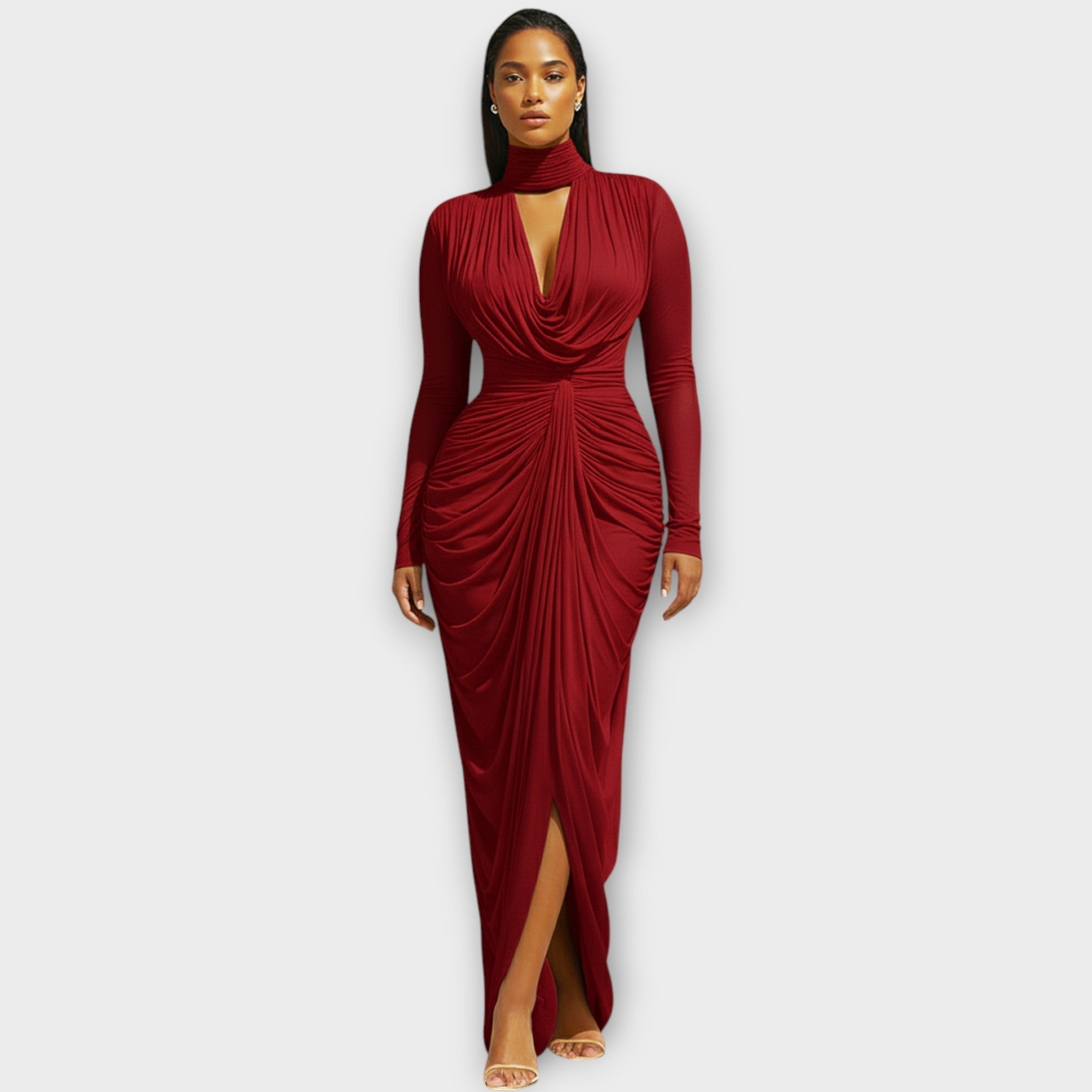 Rochie de seară elegantă cu guler înalt și drapaj