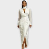 Rochie de seară elegantă cu guler înalt și drapaj