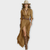 Rochie Maxi cu Butoni și Eleganță Western