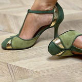 Taviana | Pantofi cu toc din patchwork cu bretea în T și vârf închis