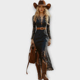 Rochie Midi Vintage Boemă cu Dantelă și Mâneci Lungi