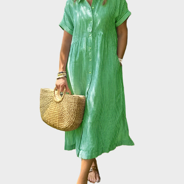 Rochie Camasa Rayata cu Fante, Nasturi si Buzunare Functionale