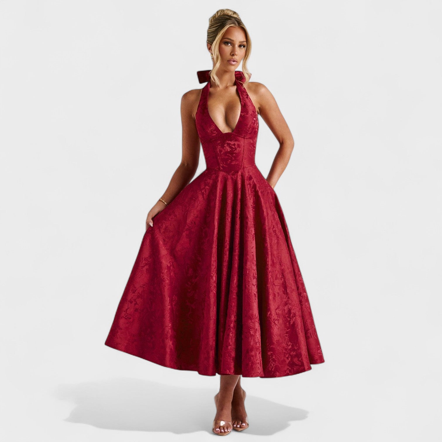 Effie - Rochie midi texturată cu decolteu în V