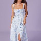 Renata | O Rochie Midi Albastră cu Imprimeu Floral, Decolteu Pătrat și Franzit"